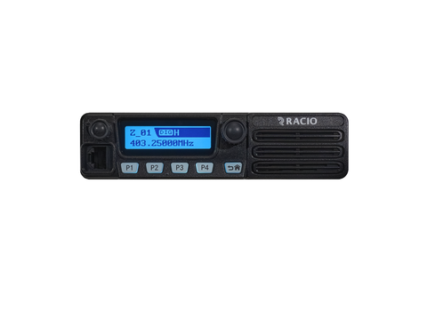 Автомобильная цифровая радиостанция Racio R3200 UHF DMR с мощностью 40 ВтПередняя панель рации Racio R3200 с 2-строчным дисплеем, 4 программируемыми клавишами и тангентой