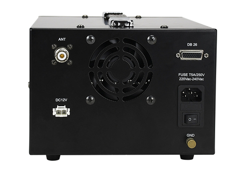 Задняя панель ретранслятора Lira DR-1000 UHF DMR: тумблер питания, гнездо предохранителя, разъёмы 220В и 12В, контакт заземления